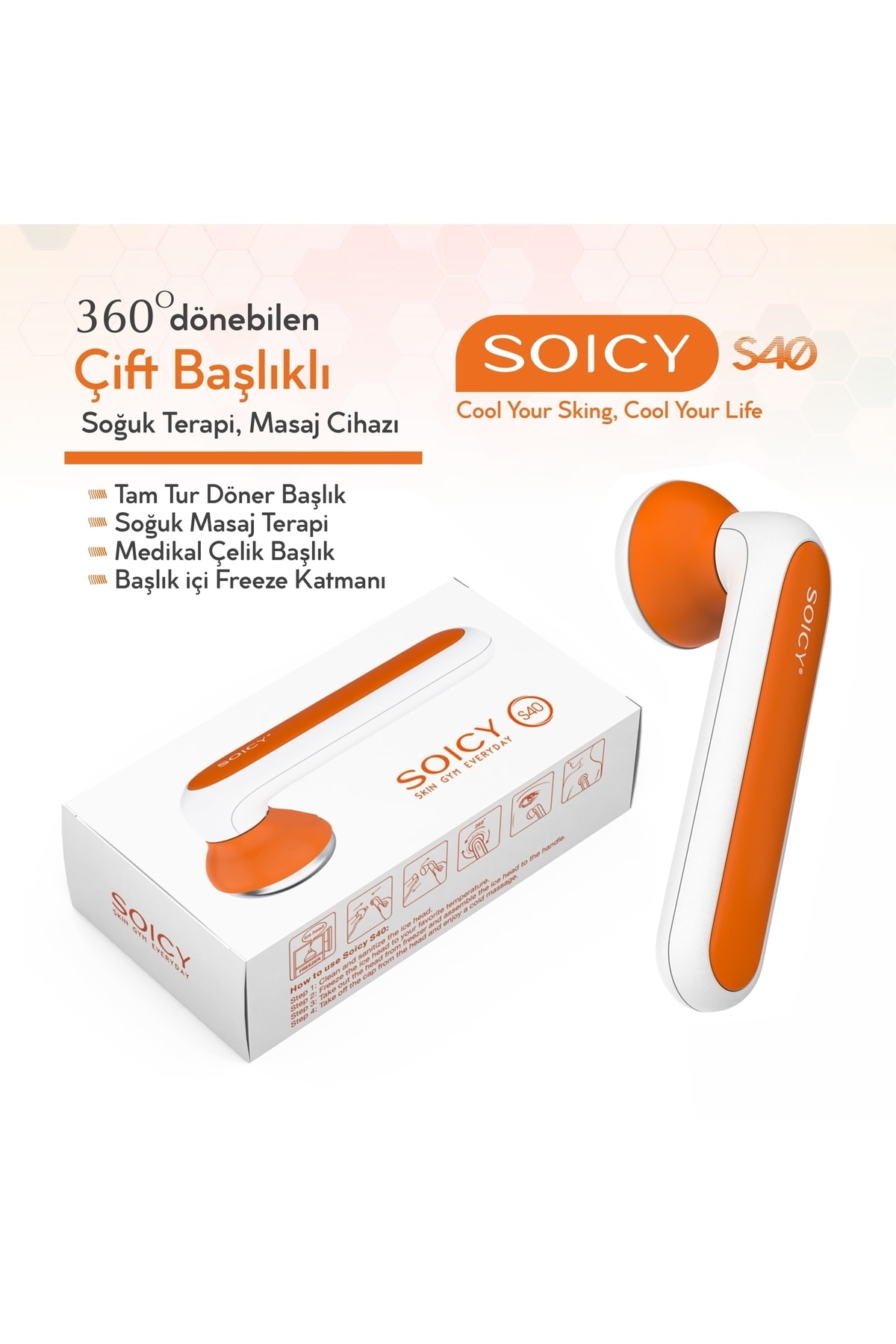 S40 Ice Massage Soğuk Buz Masaj Roller -tam Tur Dönen Metal Başlık,çift (yedek) Başlık Turuncu